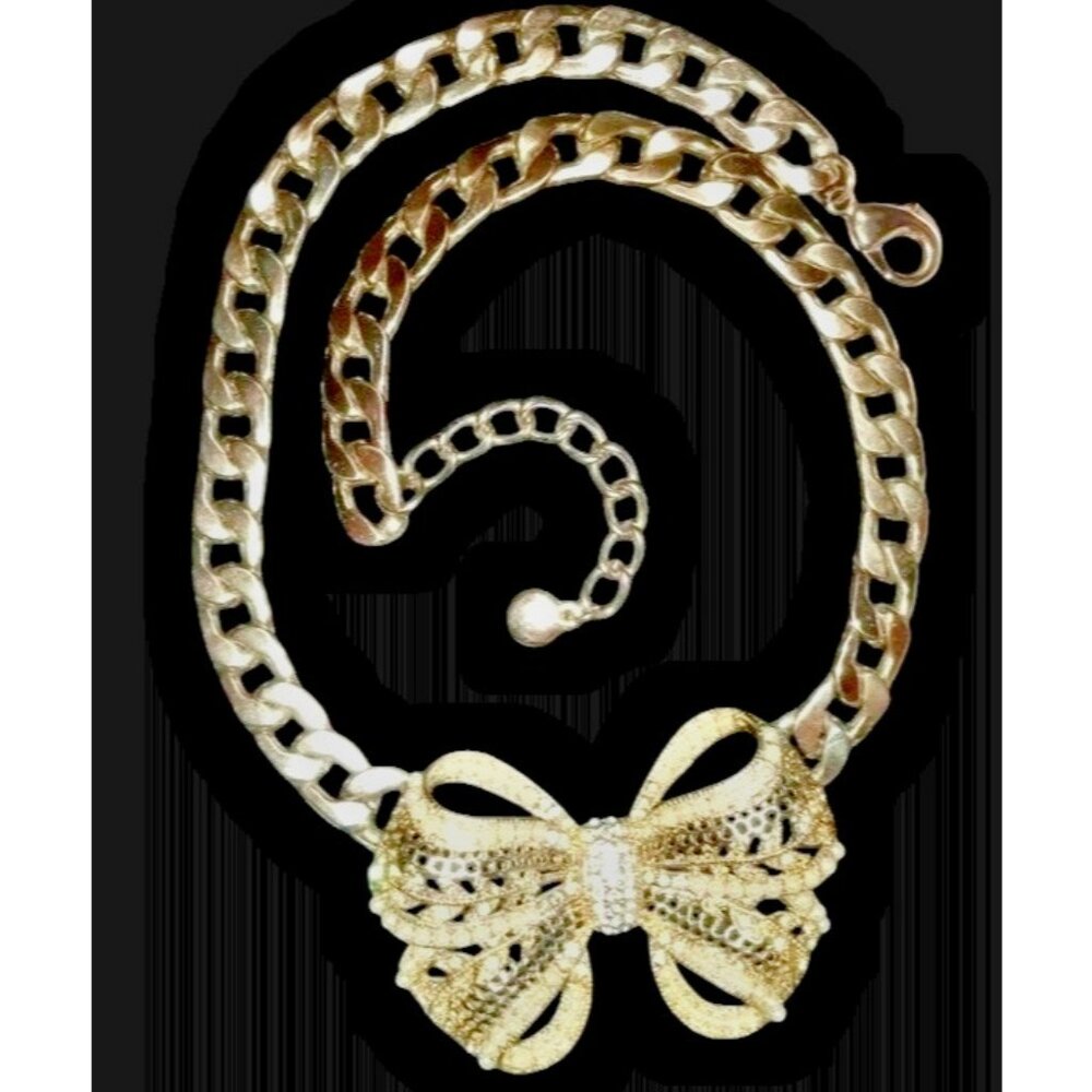 RARE Vintage Gold Tone Bow Necklace Rhinestone Pearls 70's Statement Jewelry